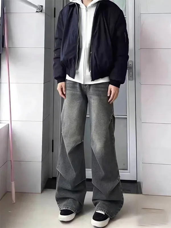 

Retro Blue Pleated Wide Leg Men's Jeans American High Street Vibe Loose Knife Straight Cut Denim Pants Cleanfit Style