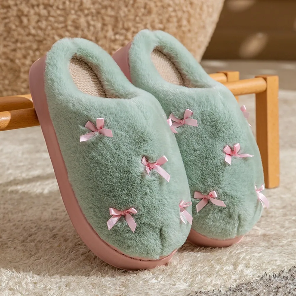 

Creative Soft Plush Couple Slippers Bow Fluffy Slides Winter Warmer Slippers Anti-slip Furry Warm Home Cotton Shoes Gift