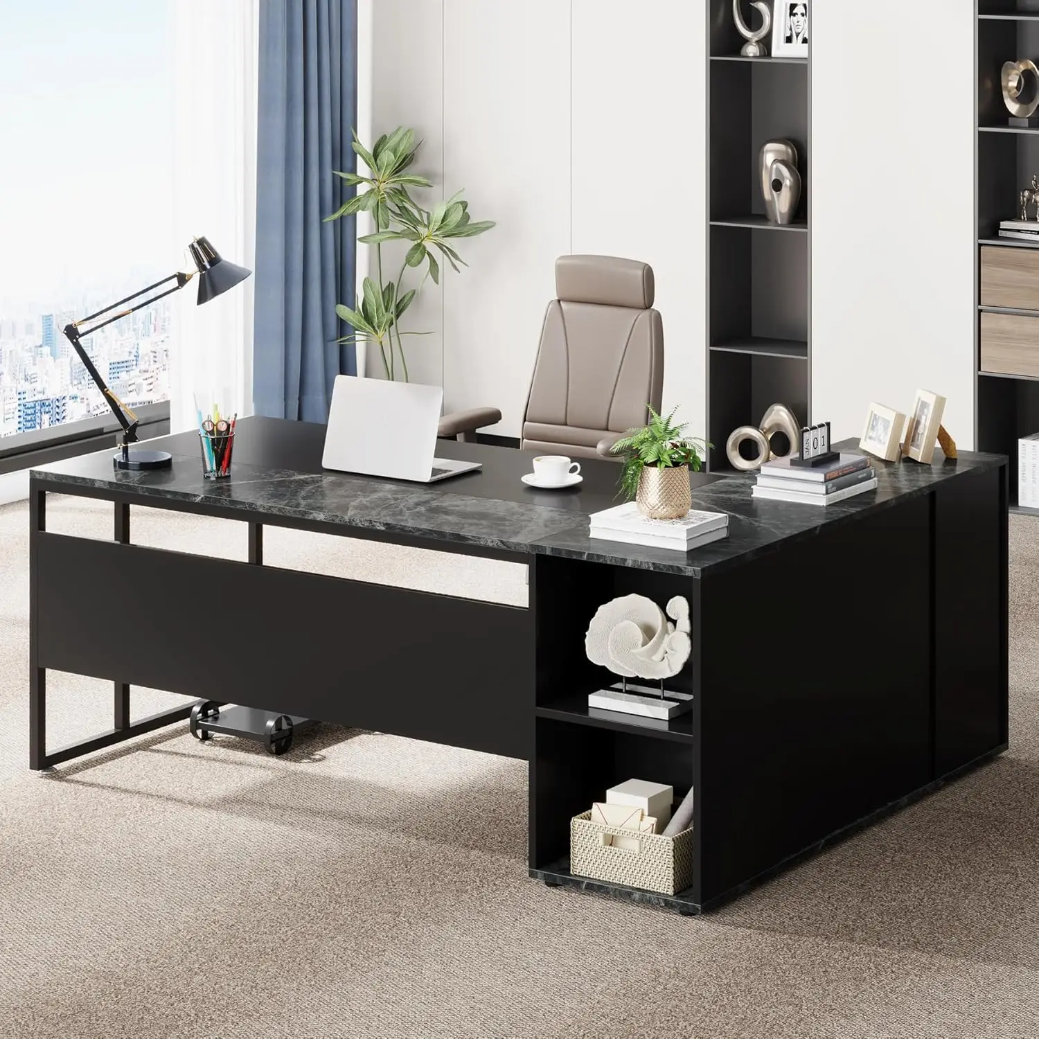 

71 Inch L Shaped Executive Desk with Cabinet Storage, Shelves, Black Home Office Furniture Set