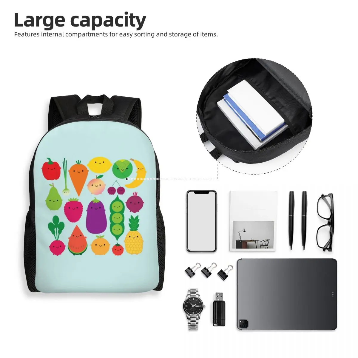 5 A Day Fruit And Vegetables Backpack Student Boys Girls BookBag School Bag Computer Shoulder Bags