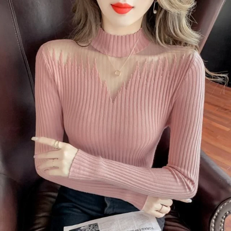 

Осенний новый сетчатый сращенный женский облегающий свитер с длинными рукавами и полувысоким воротником, женская нижняя рубашка