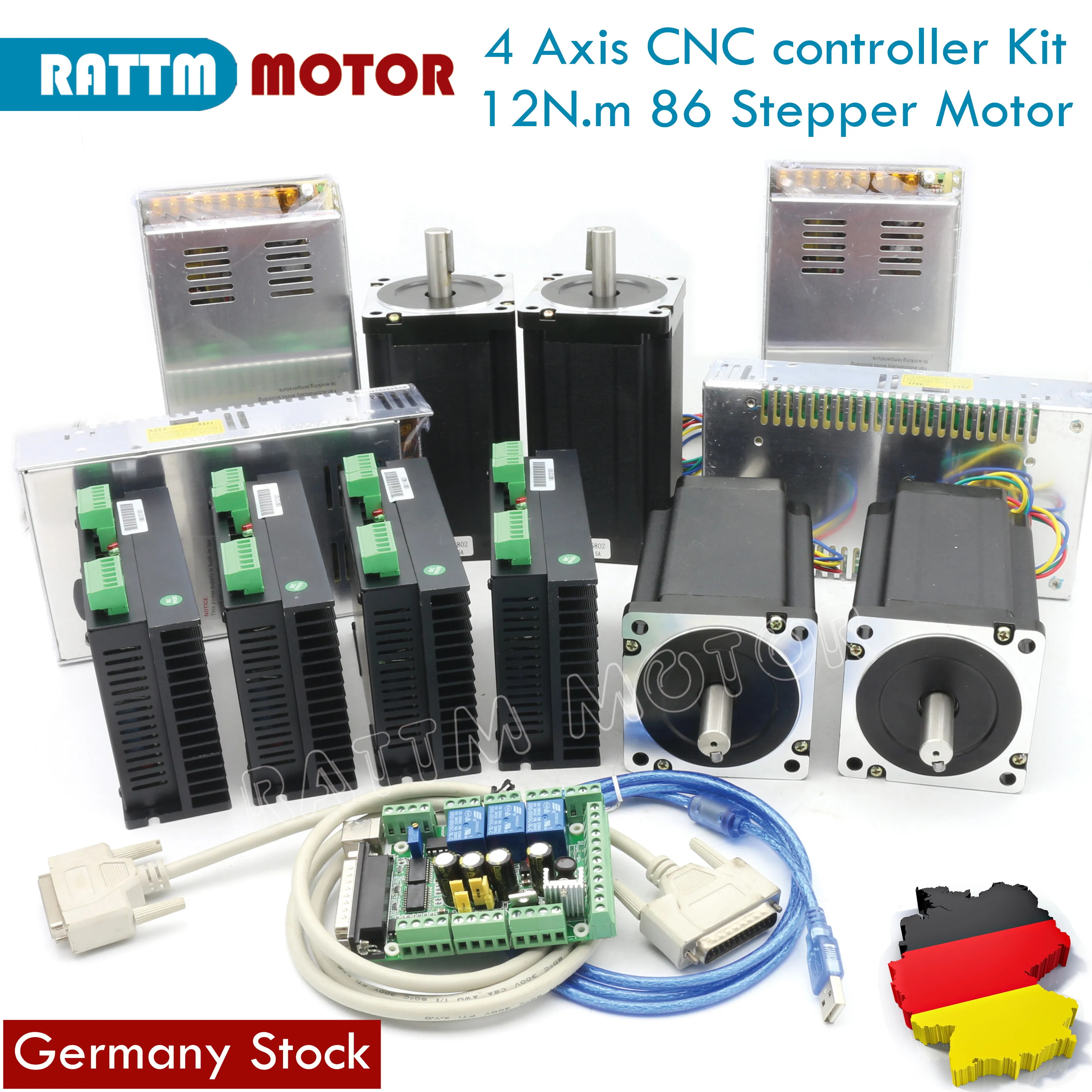 【EU Ship】 4Axis CNC controller Kit NEMA34 1600oz-in 12N.m Stepper Motor Dual Shaft & Driver 80VDC 6A &400W 70V Power Supply