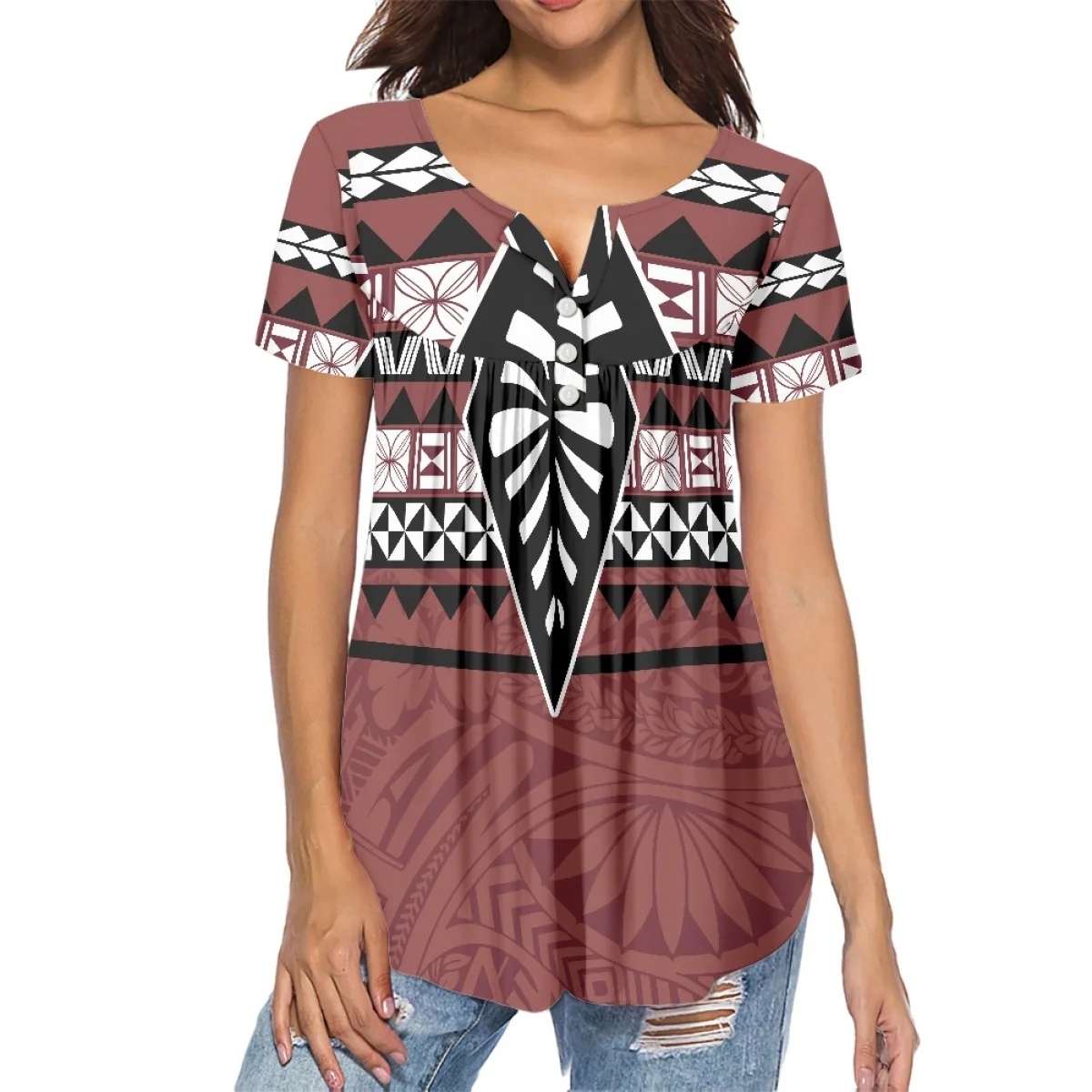 

Low Neckline Short Sleeve Fashion Comfortable Women's T-shirt Samoan Print Girls Loose Pleated Chiffon New Summer 2023