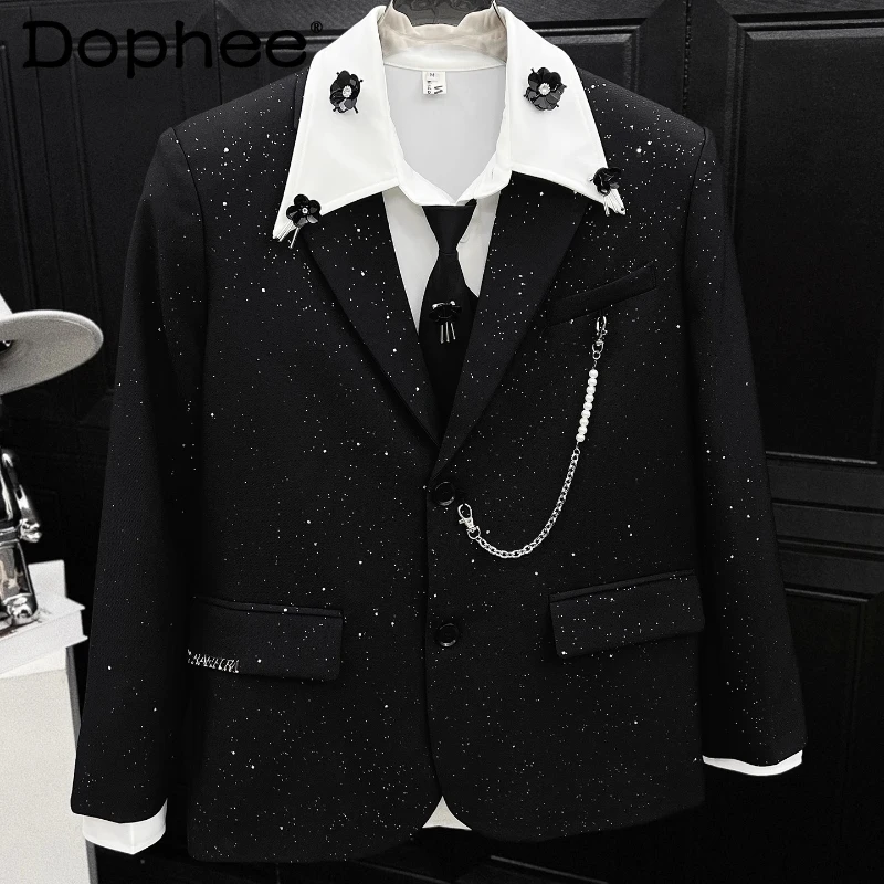

Men's 2025 Autumn New Handsome Loose Tailored Coats Shoulder Padded Suit Jackets High-end Starry Sky Hot Diamond Chain Blazers