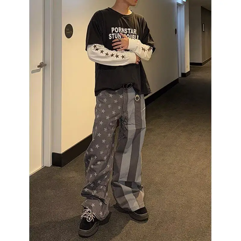 Men's Star Print Asymmetric Design Casual Pants Summer Streetwear Wide-leg Trousers Boy Bottom Male High Waist Sweatpants