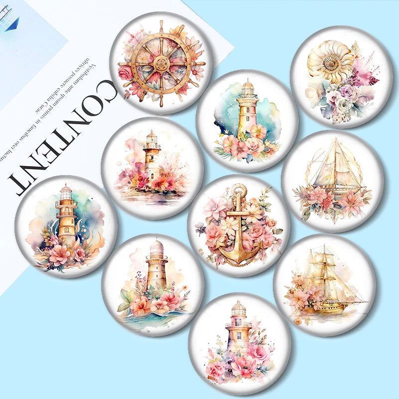 

Watercolor Boho Nautical 10pcs 12mm/16mm/18mm/25mm Round Photo Glass Cabochon Demo Flat Back Making findings