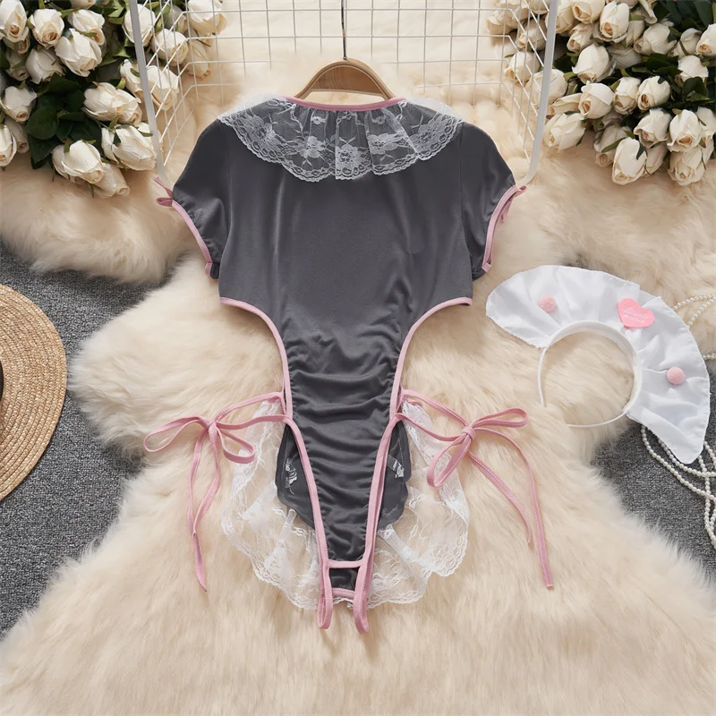 Women O-Neck Short Sleeve Bodysuit Lace Up Hollow Slim Hotsweet Sexy Nurse Cosplay Uniform Bunny Girl Erotic Lingerie Nightwear