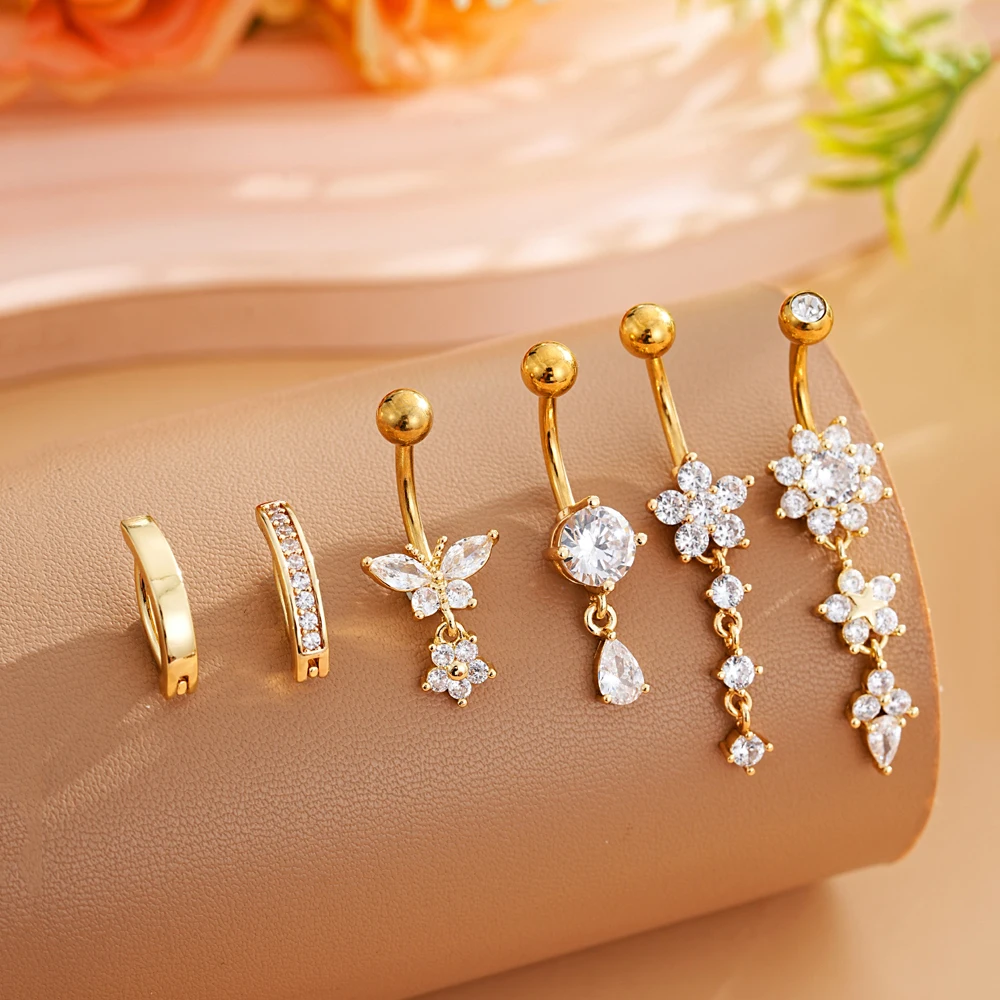 4-7pcs/Lot Belly Button Ring Sets Stainless Steel Heart Dangled Navel Belly Piercing Nombril for Women Mixed Belly Rings Jewelry