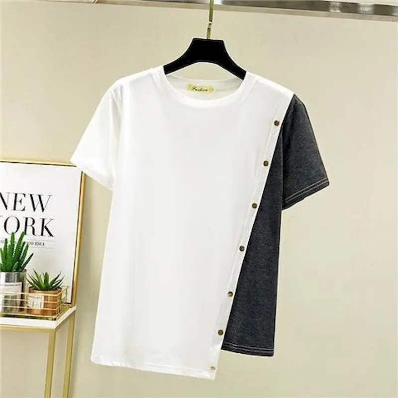 Oversized T Shirt Women Summer Trendy Top Korean Style Irregular Short-sleeved T-shirt Buckle Decoration All-match Casual Tshirt