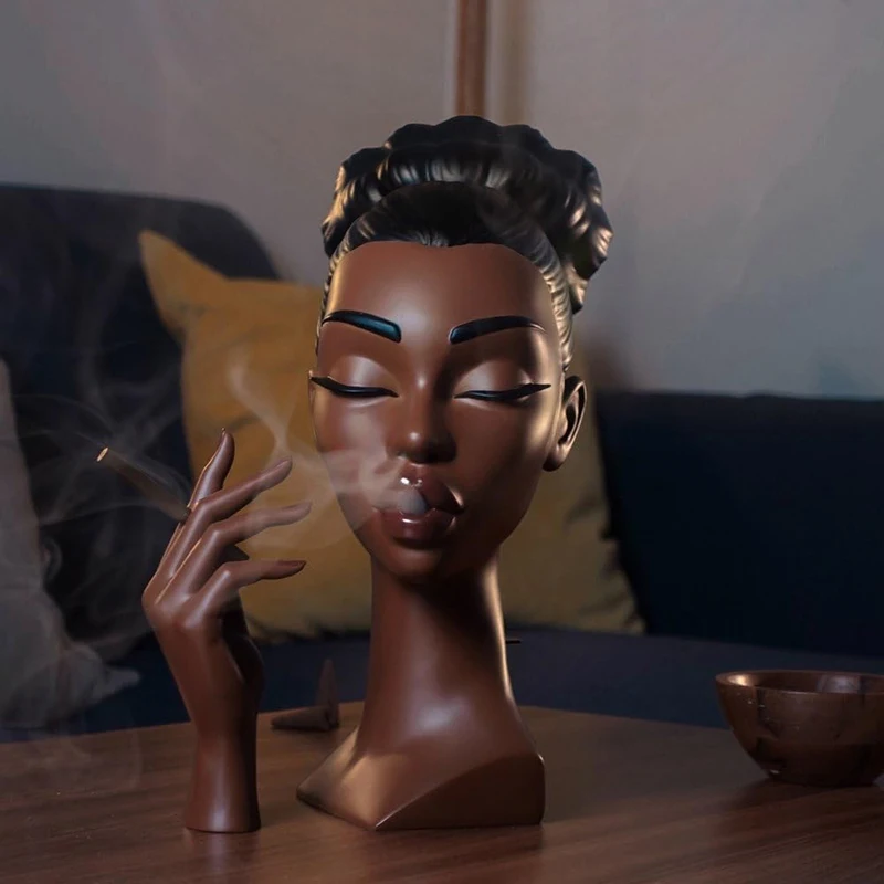 Black Woman Head Incense Burner Handmade Incense Holder Decorative Airflow Incense Burner Statue Art Decor For Aromatherapy