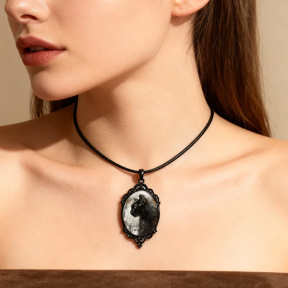 Black Kitty Art Gothic Victorian Jewelry Necklace For Men And Women Jewelry Vintage Woolen Chain Creative Small Gift