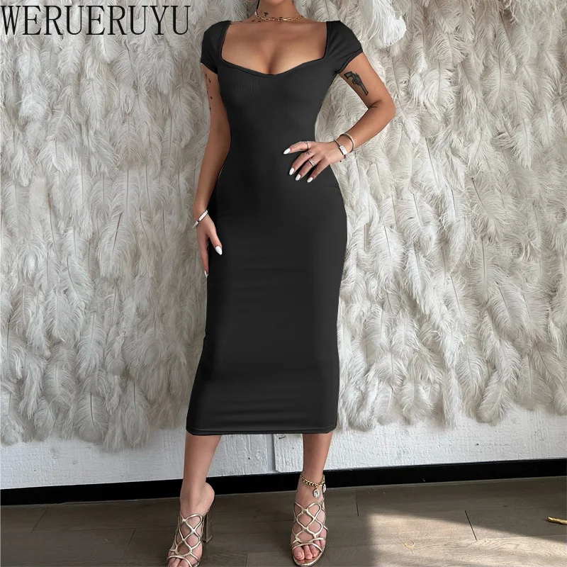 Short Sleeve Bodycon Evening Midi Dress Womans Aesthetic Clothing Sexy Elegant Fashion Summer Party Long Dresses for Women 2024