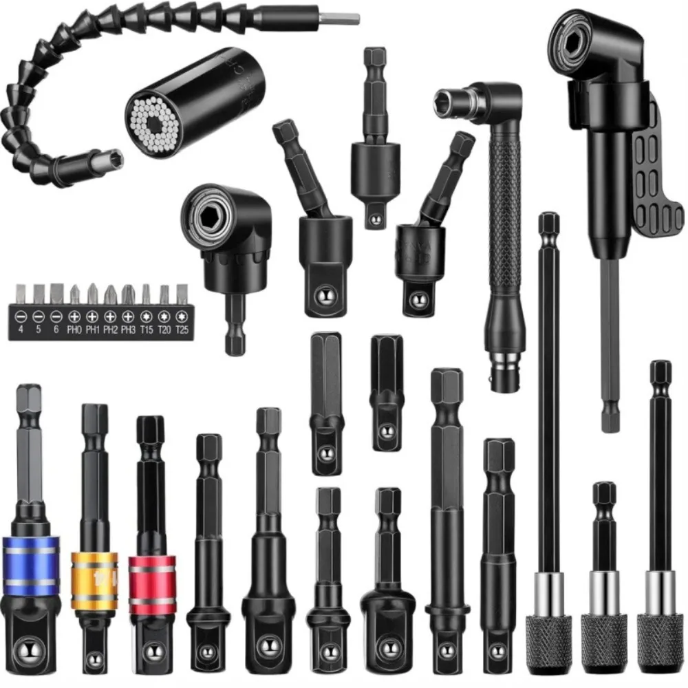 Kit de Extensión Flexible para Taladro, Incluye Funda Universal en Varios Tamaños 105 ° Extensor de Taladro de Ángulo Recto