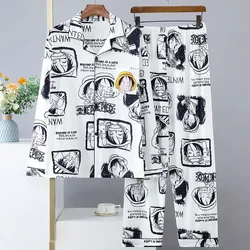 One Piece Monkey D. Luffy Pajama Men's Ice Silk Spring Autumn Long Sleeved Cartoon Anime Thin Casual Home Suit Set