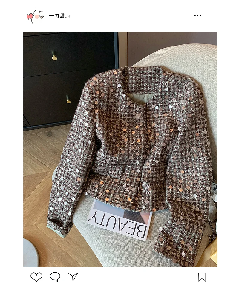 Sequined Short Jacket Women 2024 Autumn New Round Neck Single Row Commuting Coats