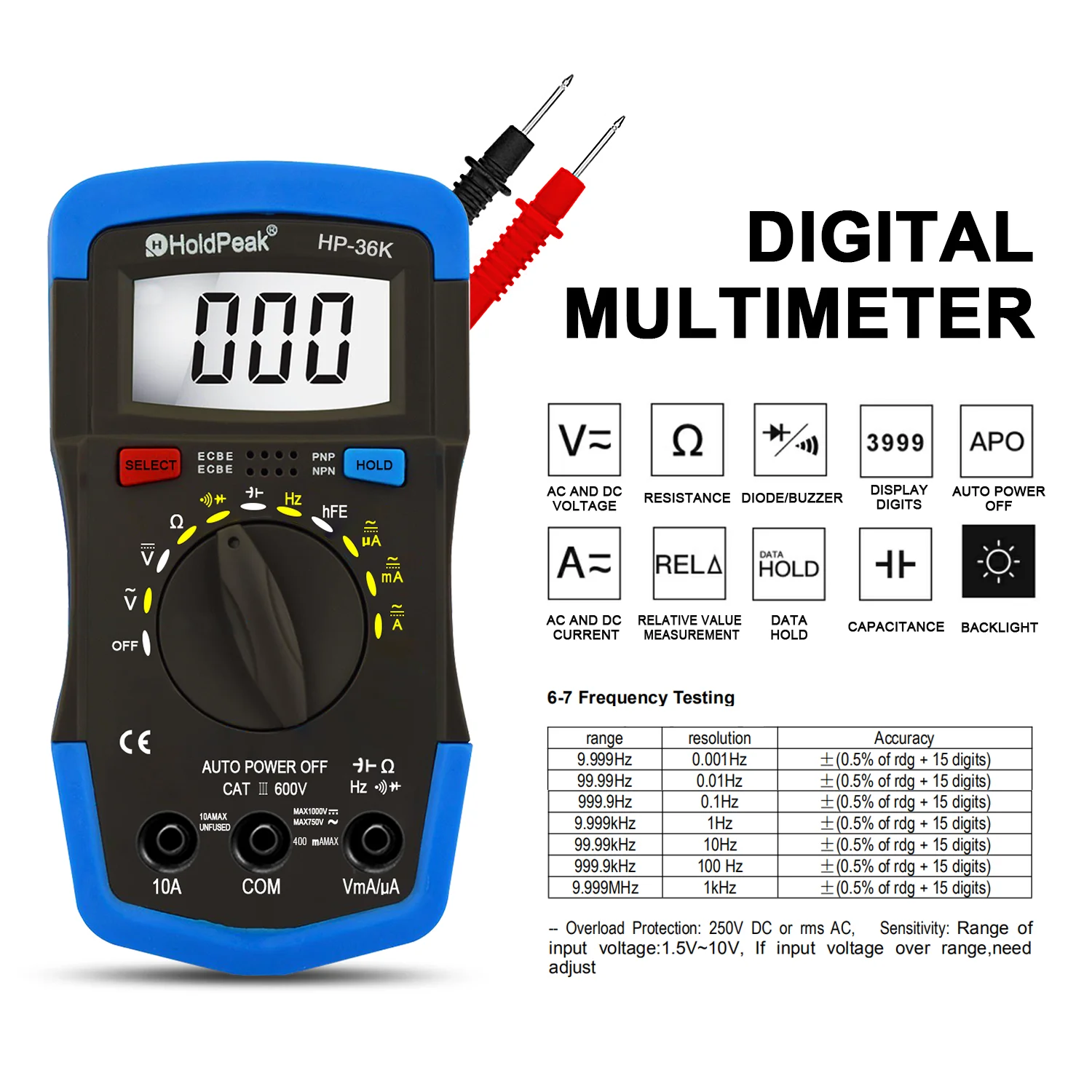 Portable Digital Multimeter AC/DC Voltage Current Resistance Capacitance Diode Continuity Tester Anti-drop Electrician Tool