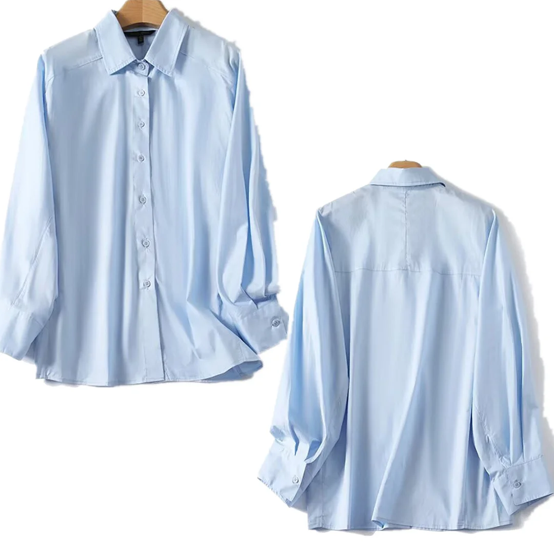 

Maxdutti Women's Blouses And Shirt Women's Shirt Woman Clothing 100%Cotton Shirt Japanese Style Minimalist Sky Blue Loose Shirt
