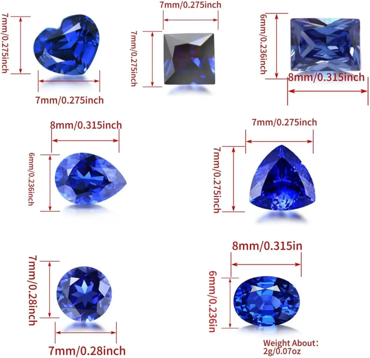 7 Shapes Faceted Cut Natural Blue Sapphire Loose Gemstones, Multi‑Shape Round Oval Heart Pear Square Triangle Radiant Cut Sapphire Stones for Jewelry Ring Pendant Making DIY Craft Gemstone Collection