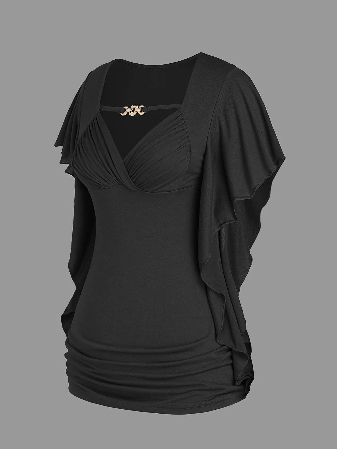 2025, beliebter Stil, großes Damen-T-Shirt mit Schmetterlingsärmeln, Rüschen und Falten, einfarbig, schräge Knopfleiste – Detail 9