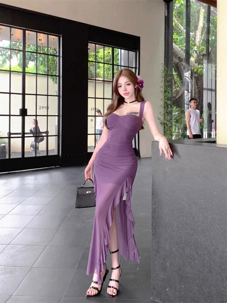 

Irregular Ruffles Strap Party Dresses Women French Sexy High Waist Slim Split Evening Long Dress Elegant Backless Robe