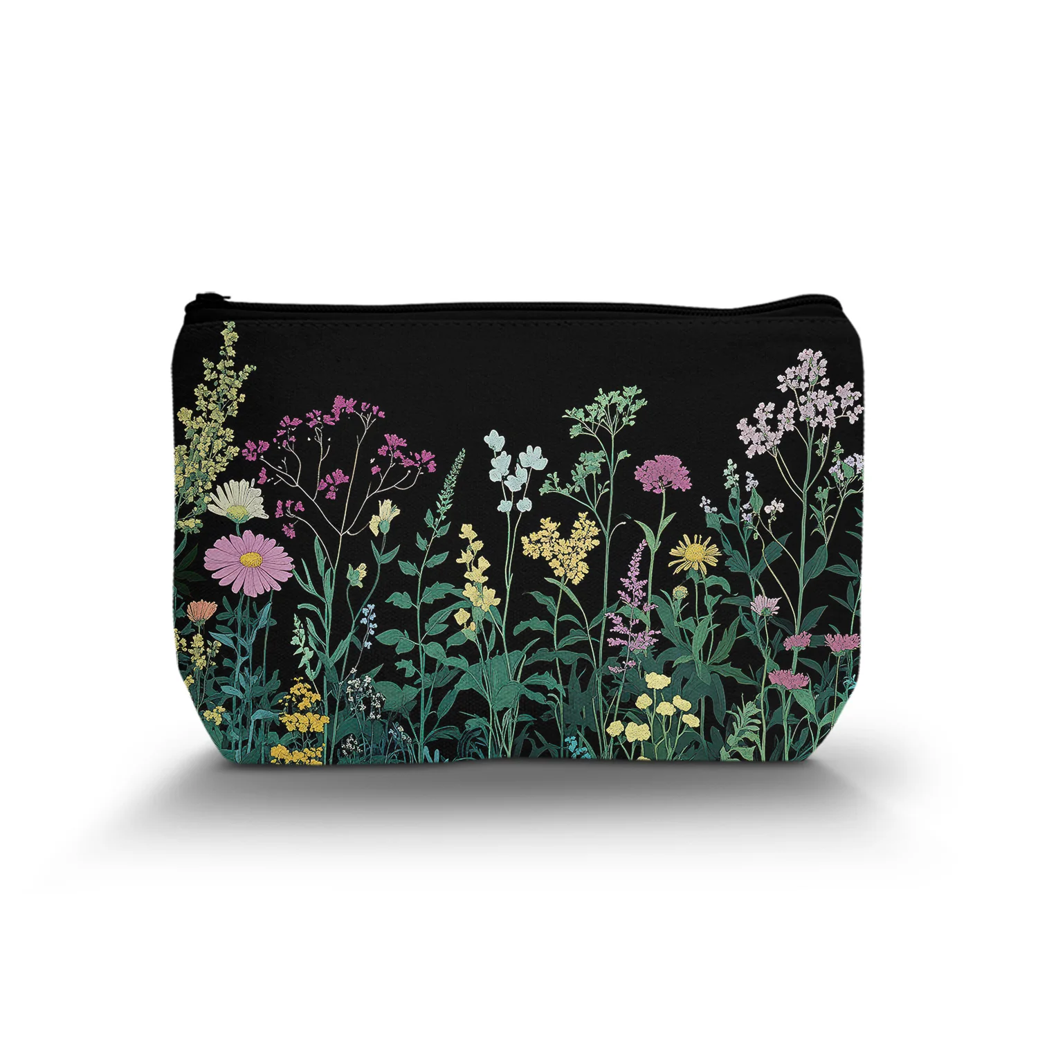 1Pc Special Floral Cosmetic Bag Black Background Bohemian Style Unique Plant Aesthetic Art Portable Cosmetic Bag