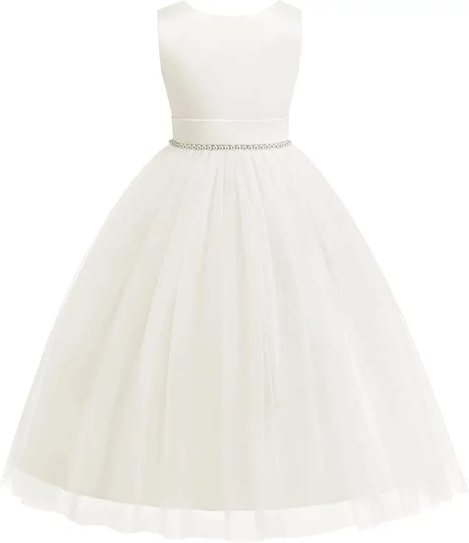 

Snvdzo Flower Girl Satin V-Back Pearls Dress For Wedding Birthday Evening Party Prom Banquet Princess Gown 2026