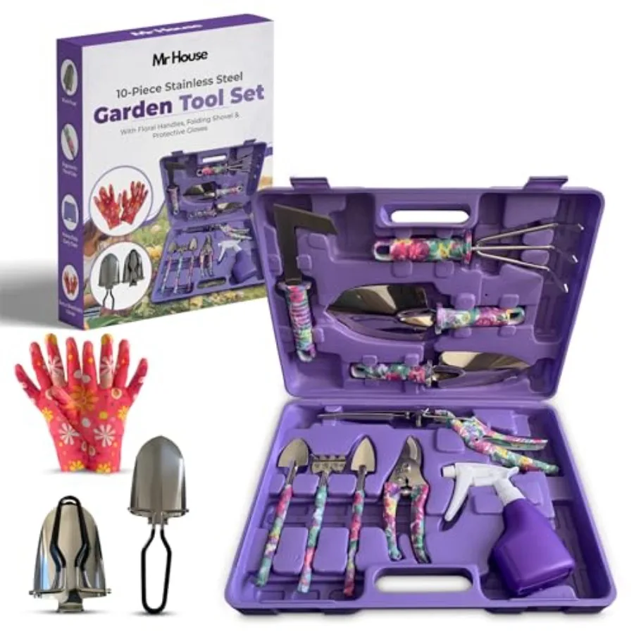 مجموعة أدوات الحديقة مكونة من 12 قطعة مع 10 أدوات من الفولاذ المقاوم للصدأ ومقابض زهرية وحقيبة حمل ومقلم ومجرفة قابلة للطي ومريحة #1