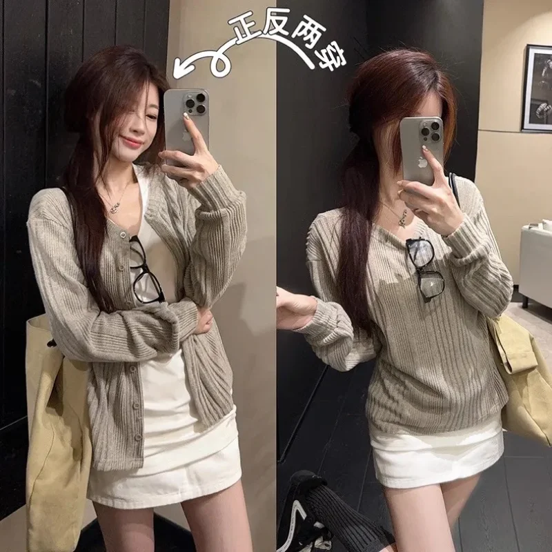 Women Korean Reversible V Neck Ribbed Knit Cardigan Loose Long Sleeve Casual Autumn Fashion Outerwear