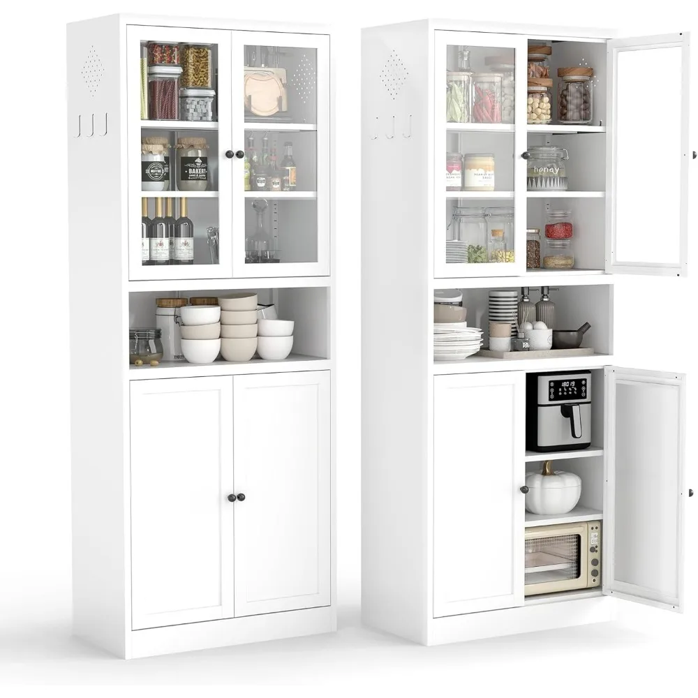 

White Steel Kitchen Pantry Cabinet with Glass & Solid Doors, 72 H Storage Cabinet with Adjustable Shelves, Heavy Duty Freestandi