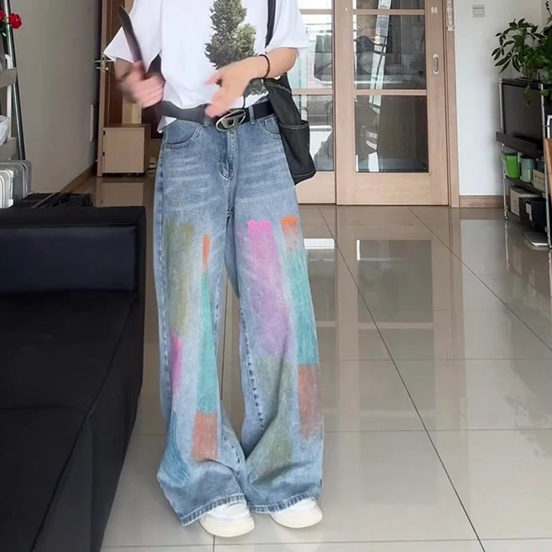 

Women's Rainbow Colored Tie Dyeing Baggy Jeans Summer Cool Girl Straight Bottoms Vintage Casual Trousers Female Wide Leg Pants