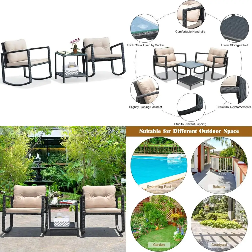 

3-Piece Outdoor Wicker Rocking Chair Set with Cushions, Glass Top Table and Storage
