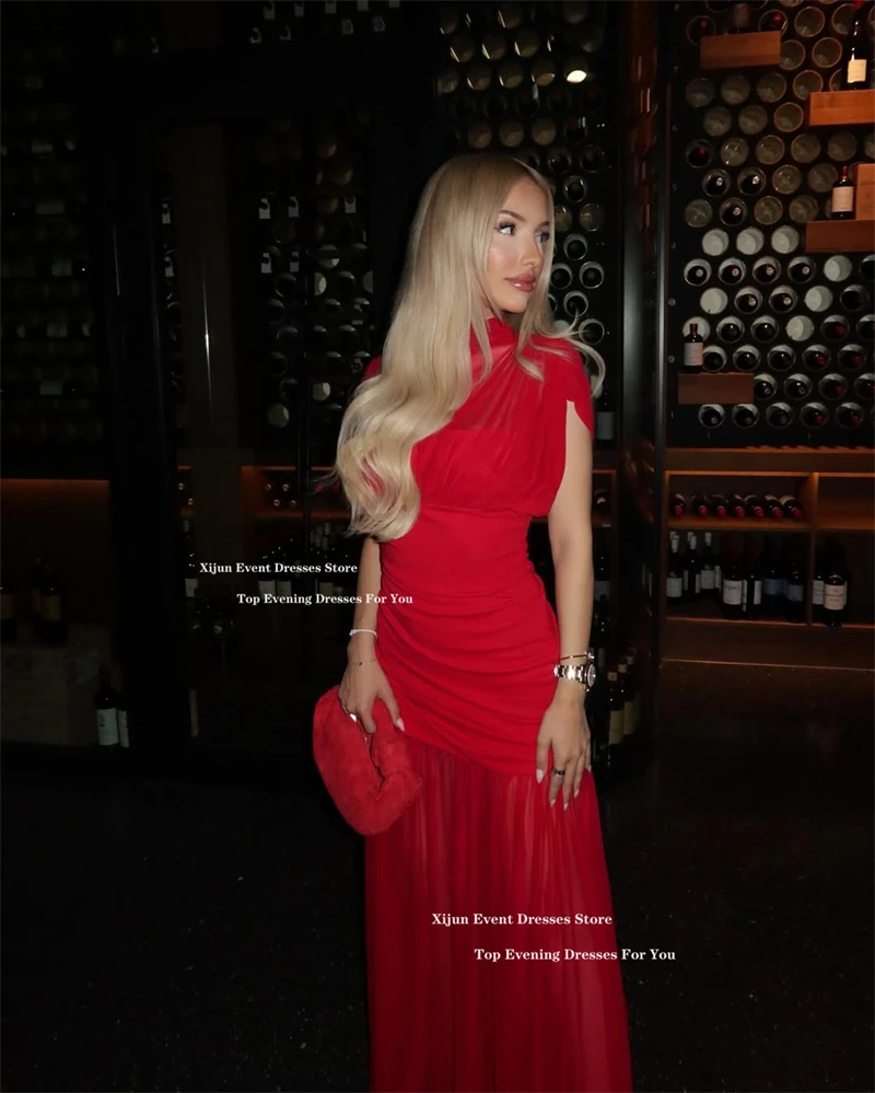 Xijun Sexy Red Chiffon Long Evening Dresses Sleeveless Mermaid Birthday Party Dresses Pleated High Collar Prom Gowns Customize - Image 3