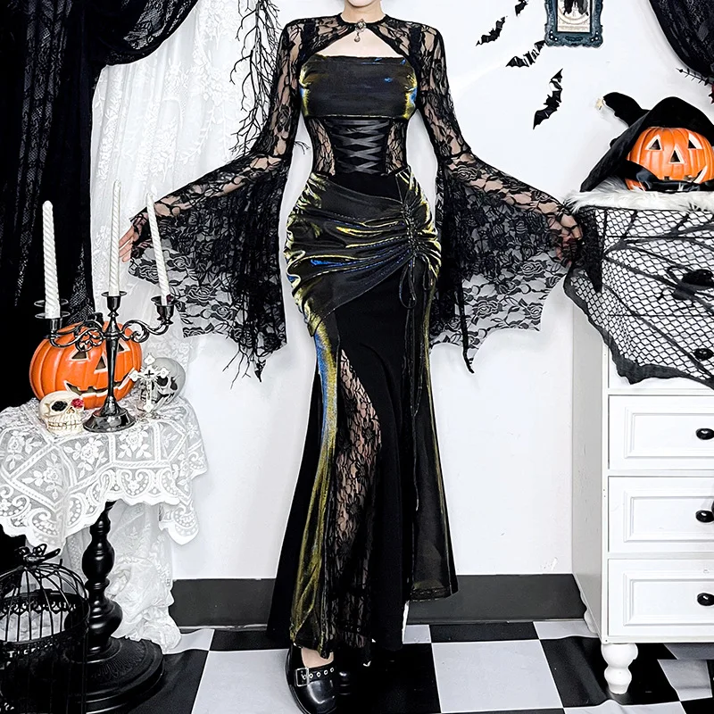 

Goth Floral Lace Mesh Flared Sleeve Bodycon Party Dresses Sexy Vintage Elegant Black V-Neck Long Dress Y2K Hip-hop Partywear
