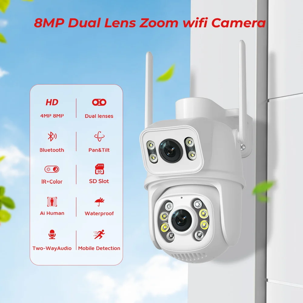 BESDER 8MP PTZ Wifi Camera Outdoor Dual Screen Color Night Vision 4MP Security Protection CCTV Wifi Surveillance IP Camera iCSee