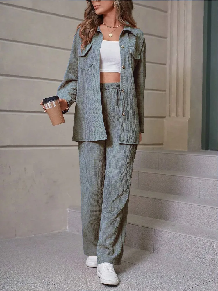Spring and Autumn New Two-piece Sets Trendy Waffle Lapel Cardigan Casual Suit Women two piece sets womens outifits blazer femme - view 5