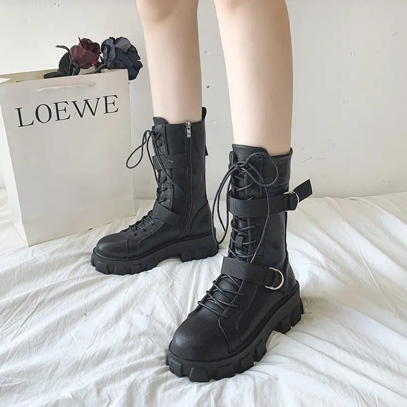 Women's Boots Punk Shoes for Woman Half High Platform Footwear Biker Studded Mid Calf Western 2024 New on Promotion Work Rock In