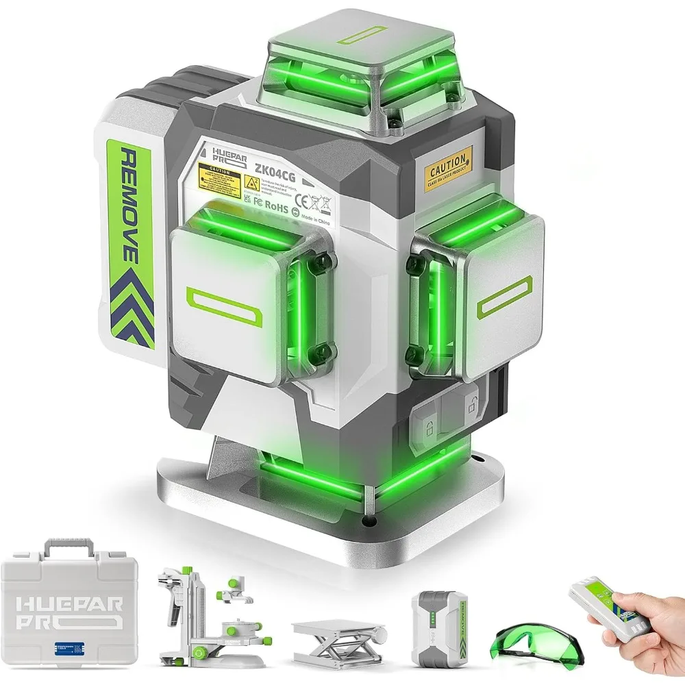 Laser Level 360 Self Leveling, 4x360°Green Li-ion Battery, High Accuracy 4D Laser for Construction, Magnetic Bracket -ZK04CG