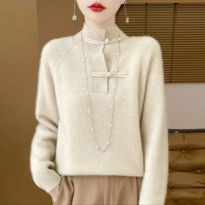 Thickened Seven-needle Pure Wool Knitted Sweater for Women Fashionable New Chinese Style National Wind Base Shirt E11606