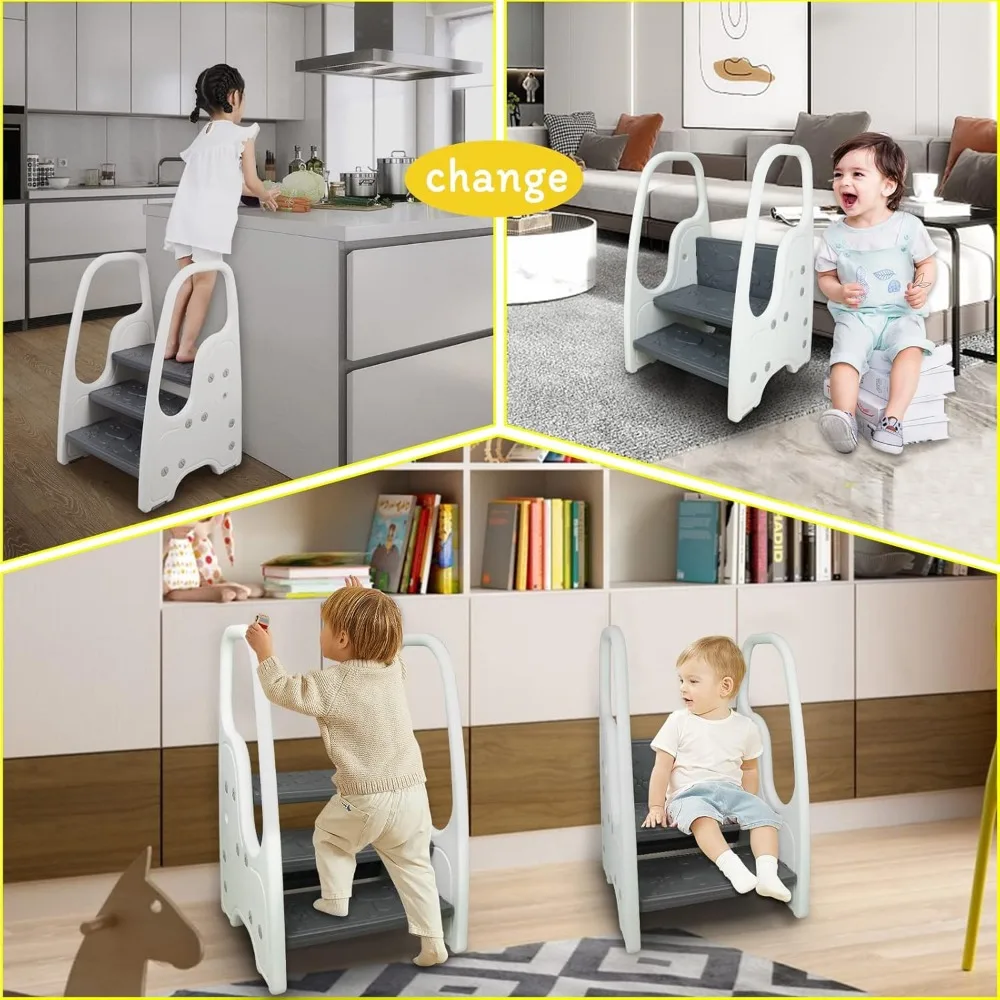 مقعد طفل صغير قابل للتعديل بثلاث خطوات مع مقابض ومنصات مضادة للانزلاق لحوض الحمام، ومساعد المطبخ، والتدريب على استخدام المرحاض #2