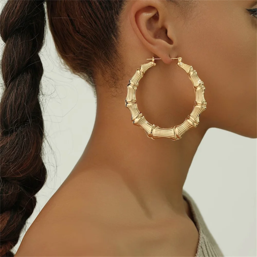 Big Hoop Bamboo Earrings Gold Hoop Earrings for Women Stainless Steel Hip Hop Style Earrings Custom Earrings Fashion Jewelry