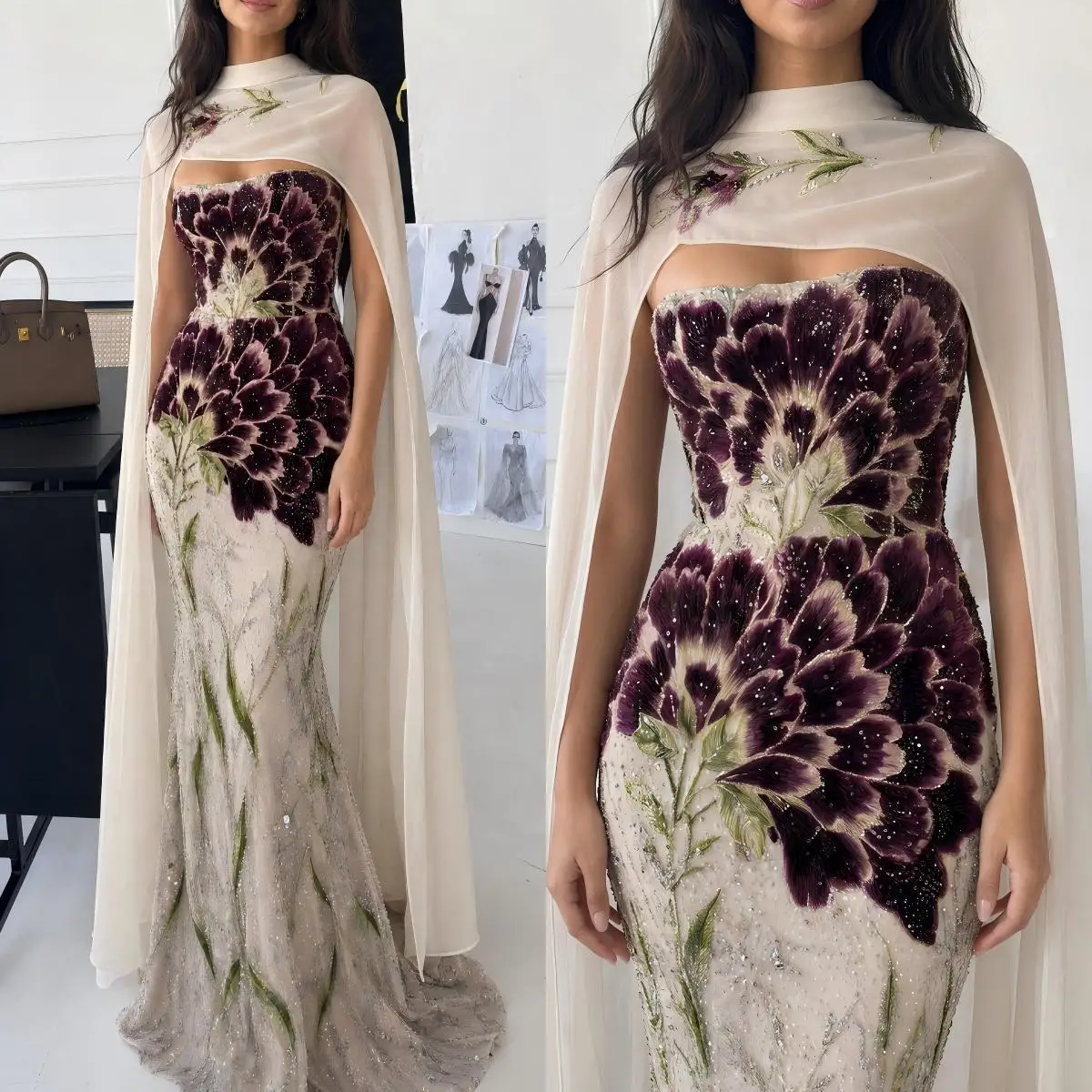 Luxury Nude Purple Floral Embroidered Mermaid Dress with Sheer Cape and Pearl Detail Women Gala Evening Gown Customized B262845