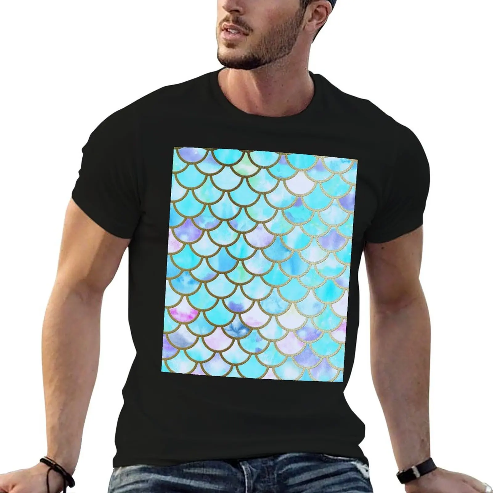 

Blue Teal Mermaid t cotton Faux Watercolor Glitter Scales shirts and funny T-Shirt