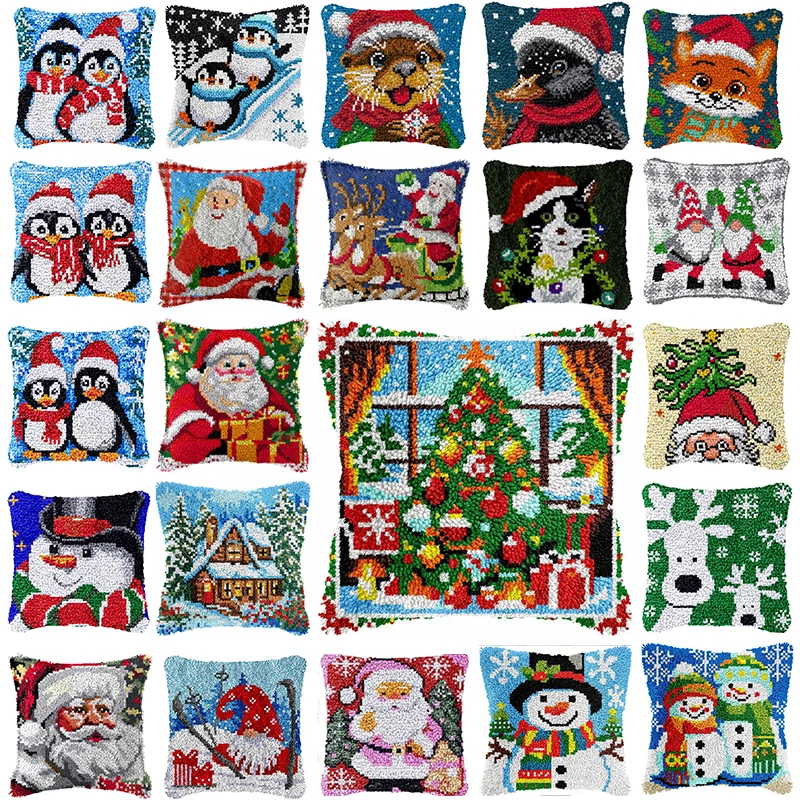 Christmas Series Latch Hook Kit Smyrna Pillowcase Knot Pillow Packages Santa Claus Latch Hook For Needlework Embroidery Cushion
