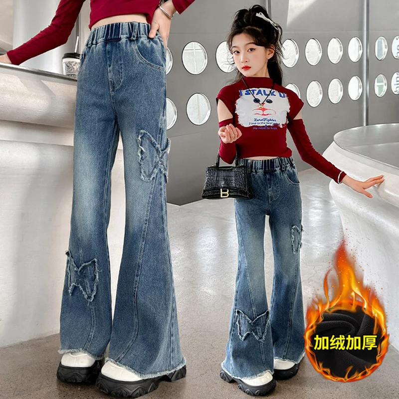 Autumn Winter New Teen Girls Jeans Butterfly Print Lining Plush Thick Warm Denim Pants For 5-14Y Kids Korea Long Style Trousers
