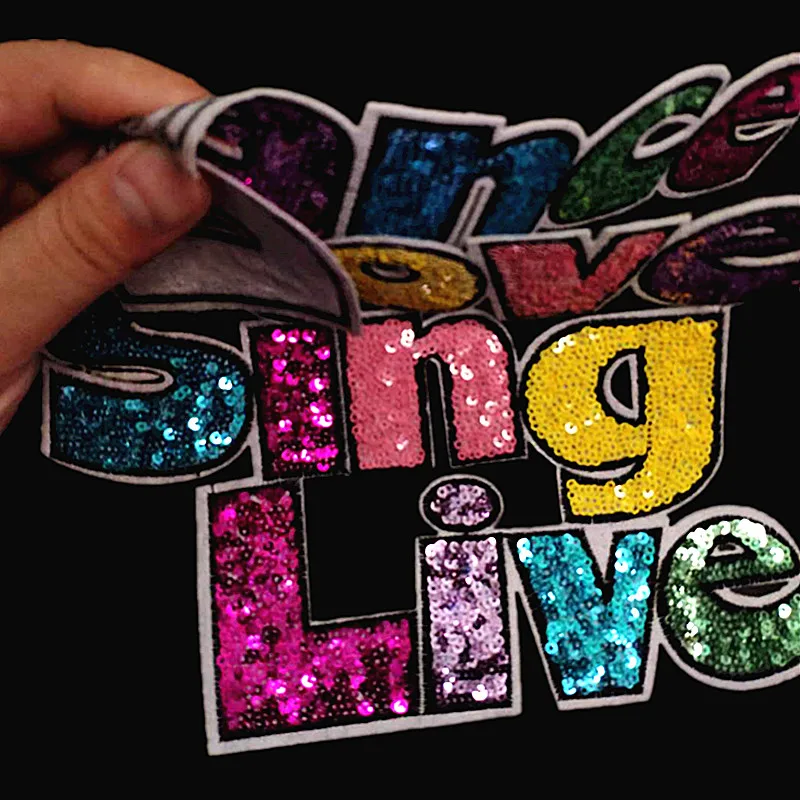 Large Color Sequins Letters Dance Sing Iron on Patches for Clothing T Shirt Women Embroidery Patch Fabric Stickers