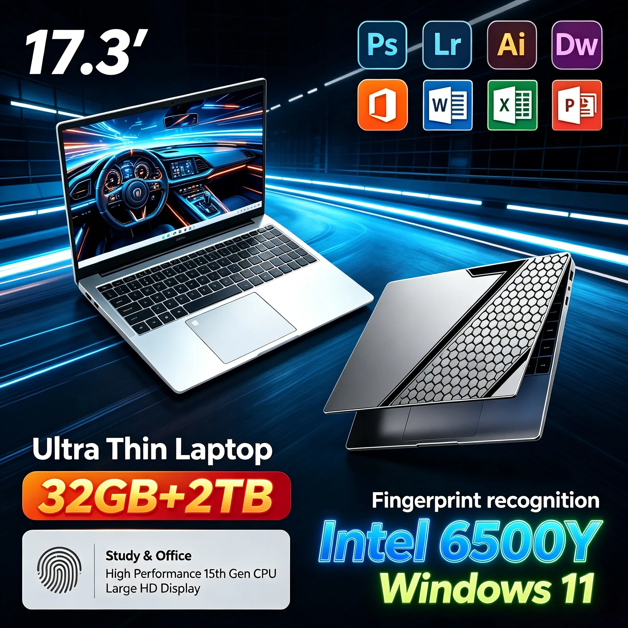 17.3'' Inch Large Screen Notebook Intel 6500Y 32GB RAM 1TB 2TB SSD Windows 11 Backlit Keyboard WiFi6 BT5.2 Home Business Laptop