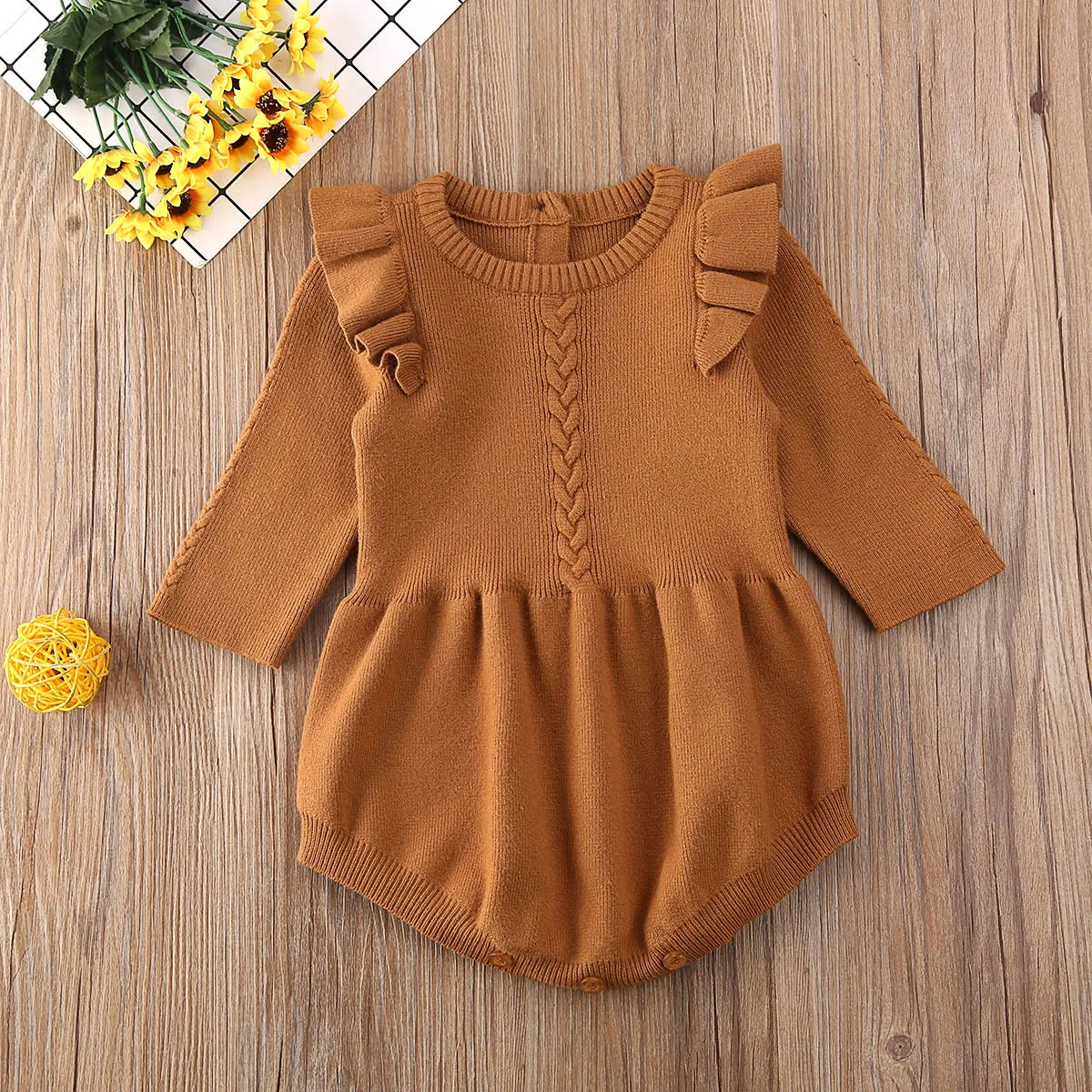 Baby Spring Autumn Clothing Infant Newborn Baby Girls Knitted Bodysuit Long Sleeve Solid Ruffled Jumpsuit Outfit Set 0-3T