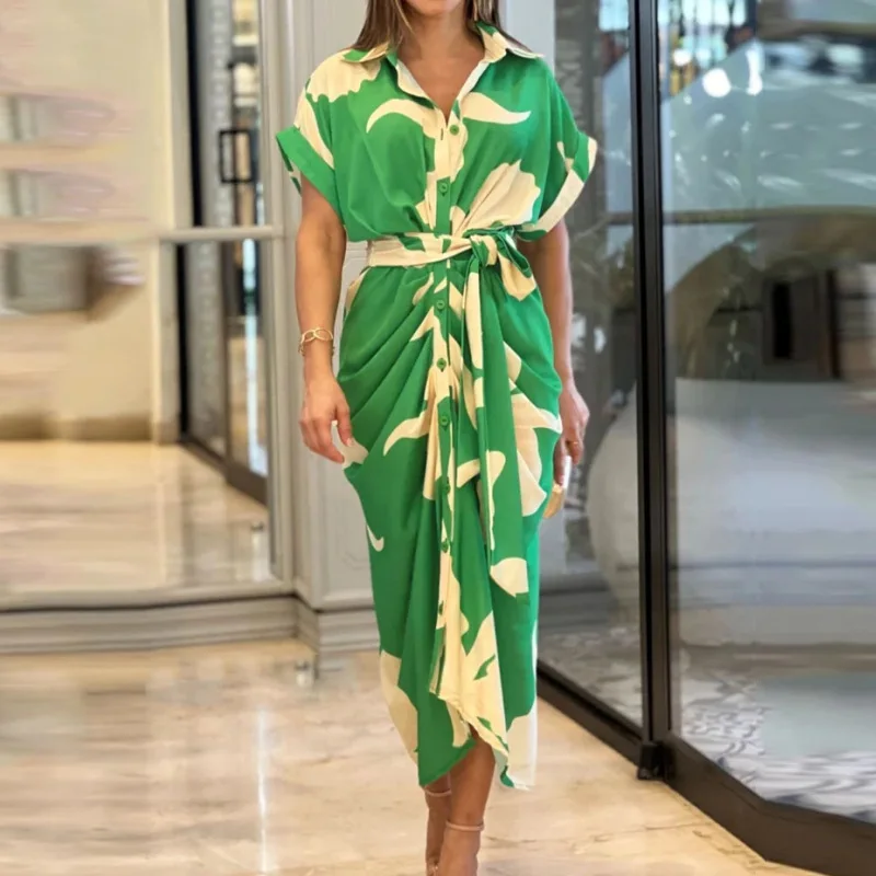 

2025 New Arrival Women's Exquisite Printed Collared Short Sleeve High Waist Maxi Shirt Dress - Trendy Casual Dress