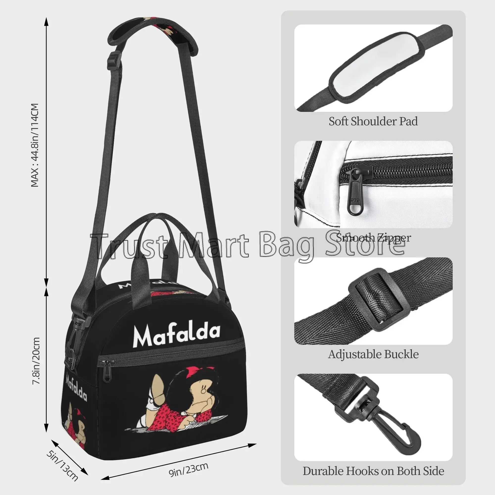 Divertida bolsa de almuerzo aislante Mafalda para niños y niñas, Picnic escolar, fiambrera térmica reutilizable, bolsas de mano #2