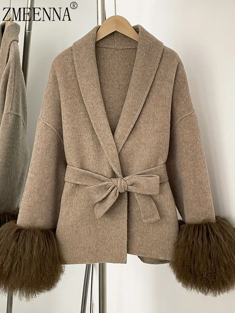 

ZMEENNA Elegant Women's Gray Wool Blend Coat With Luxurious Fur Cuffs Stylish Tie Waist Winter Warm Chic Outerwear ZM3389